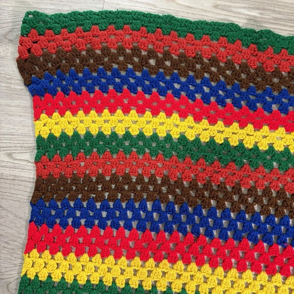 Vintage Large Afghan Hand Knit Crochet Granny Stripes Blanket 60x37 Bright Color